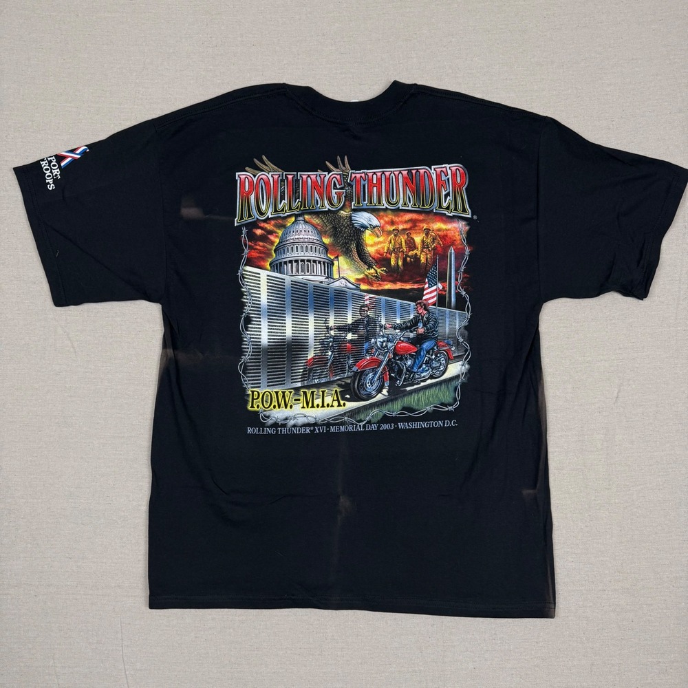 Rolling Thunder T-Shirt XL 23x30 Memorial Day 2003 POW-MIA Biker Black Patriotic